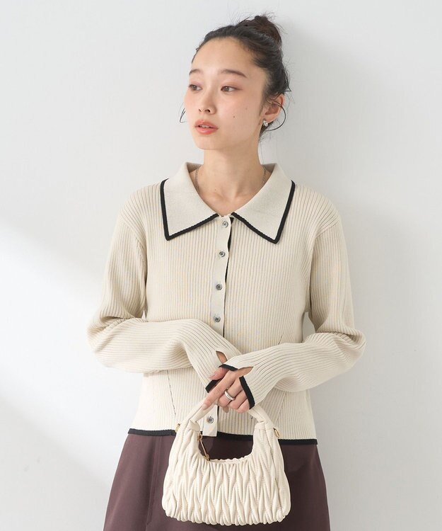 earth music&ecology バイカラートリムニットカーディガン Ivory