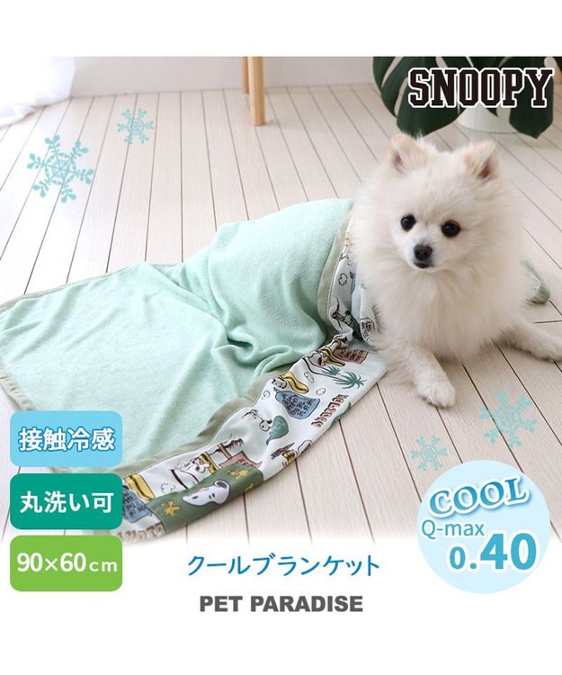 PET PARADISE スヌーピー サーフ柄  クールブランケット (90×60cm) カーキ