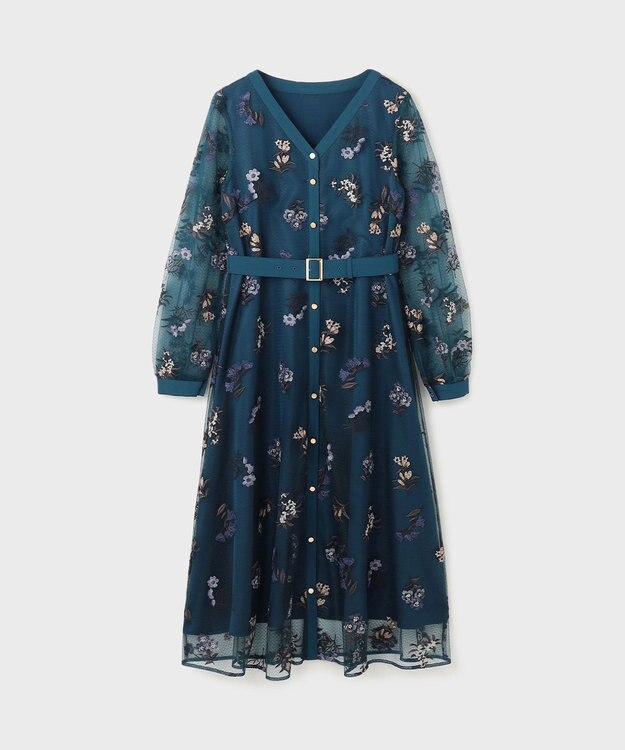 GRACE CONTINENTAL チュールフラワー刺繍ワンピース ブルー