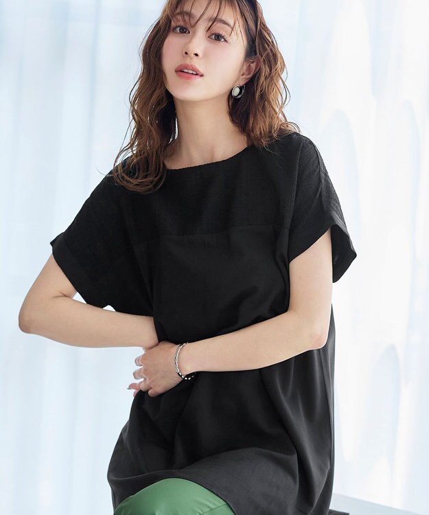 Tiaclasse L 【洗える】シアーコンビチュニックブラウス ブラック