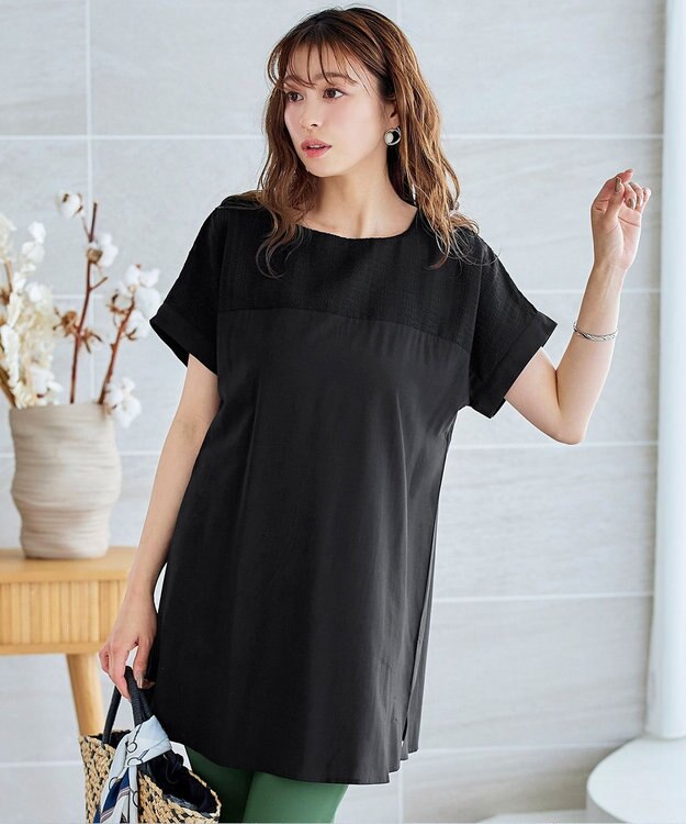 Tiaclasse L 【洗える】シアーコンビチュニックブラウス ブラック