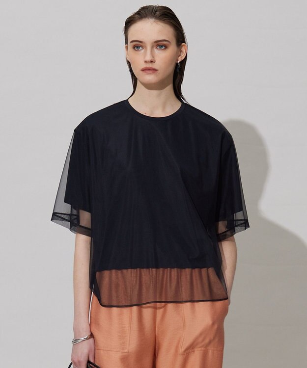 ICB 【接触冷感・UVケア・速乾・洗える】 チュールレイヤード カットソー ブラック系