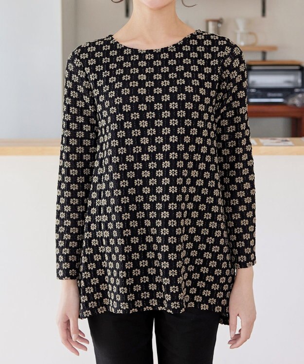 Tiaclasse 【洗える】花柄カットレースフレアトップス ブラック×ベージュ