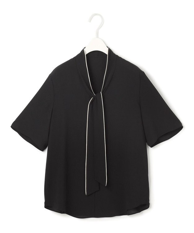 ICB L 【人気のため新色追加・接触冷感・UVケア・洗える】BackSatinAmunzen 5分袖配色ボウタイブラウス ブラック系