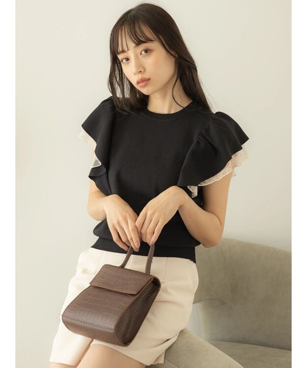 earth music&ecology レースドッキングフリルニットプルオーバー Black