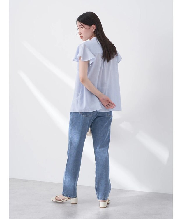 earth music&ecology ギャザーフレンチスリーブブラウス Stripe Sax