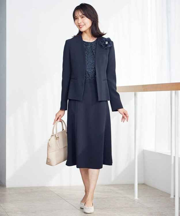 23区 【洗える】トリアセダブルジョーゼット フレア ワンピース ネイビー系