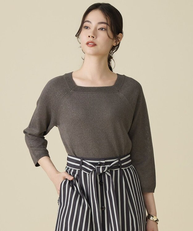 自由区 L ペーパーコットンスクエアネックニット プルオーバー ブラウン