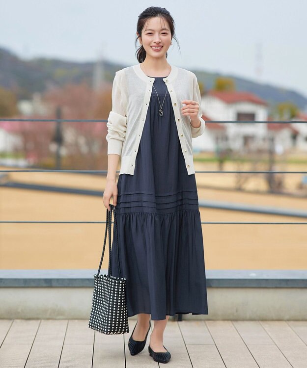 Tiaclasse 麻調ピンタックロングワンピース ネイビー