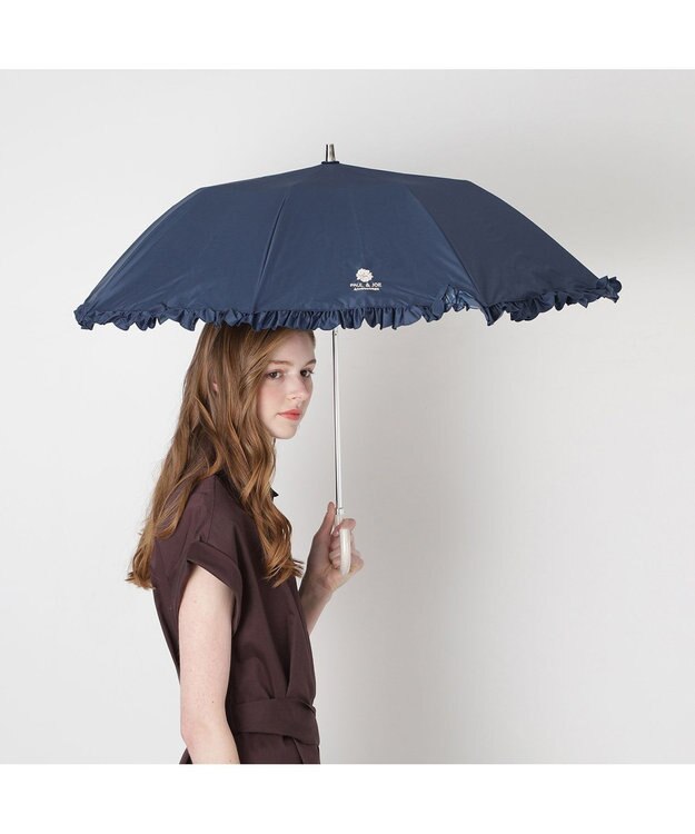 MOONBAT 【晴雨兼用折りたたみ日傘】ポール & ジョー (PAUL & JOE ACCESSOIRES) クリザンテームワンポイントフリル 一級遮光99.99% 遮熱 UV 晴雨兼用 ネイビーブルー