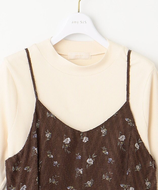 ANY SIS 【2SET】フラワーキャミ ワンピース × リブインナー ブラウン系×アイボリー