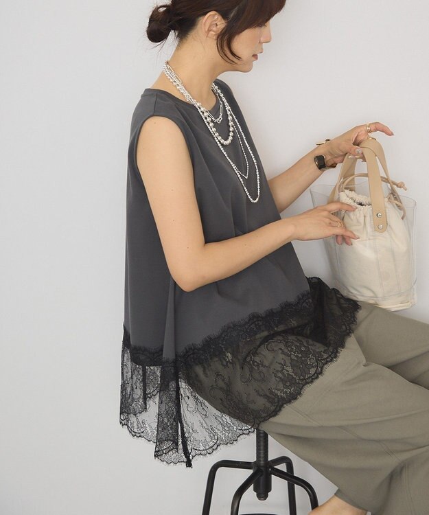 AMERICAN HOLIC 裾レースノースリーブプルオーバー Charcoal Gray
