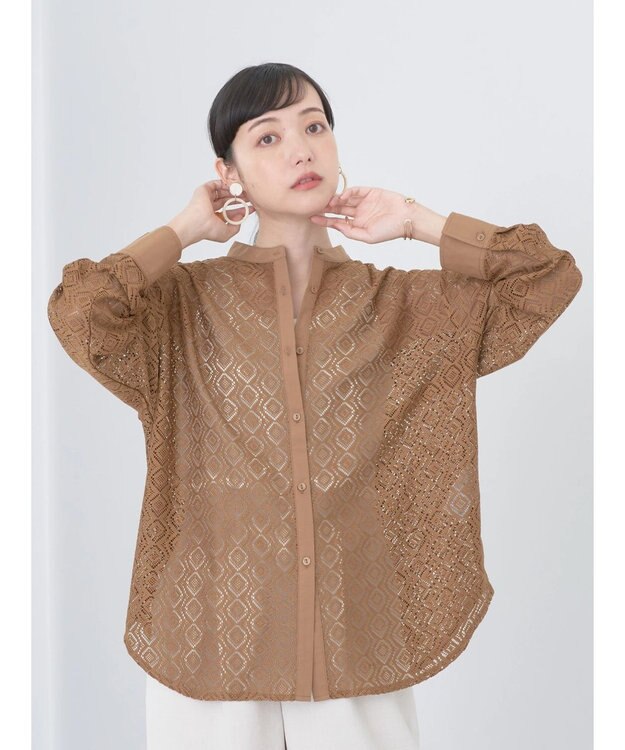 earth music&ecology レースバンドカラーシャツ Camel