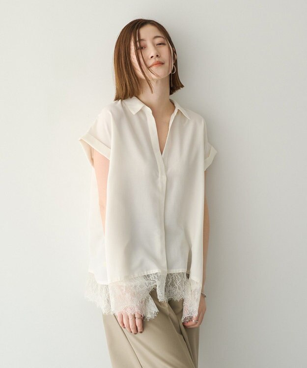 YECCA VECCA 裾レーススキッパーシャツ Off White