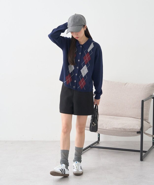 earth music&ecology 【予約】襟付きアーガイルニットカーディガン ネイビー