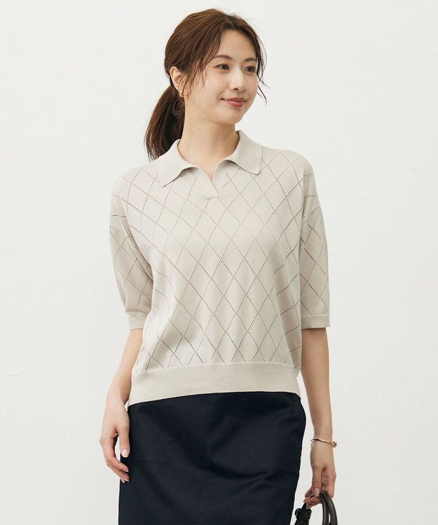 J.PRESS LADIES 【洗える・抗菌防臭】COTTON POLYESTER ポロ ニット グレージュ系