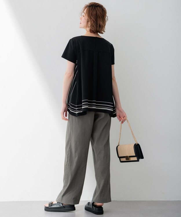 23区 L 【洗える】スカーフプリントコンビ バックデザイン カットソー ブラックxベージュ