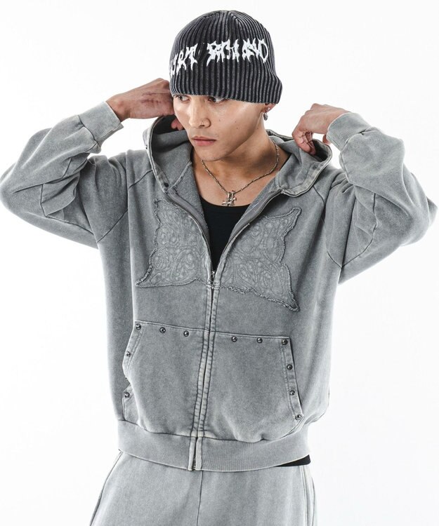 WEGO パウダーブリーチスタッズZIPパーカー グレー