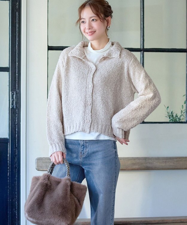 Tiaclasse 【着丈が選べる】ハイネックブークレカーディガン ショート丈グレージュ