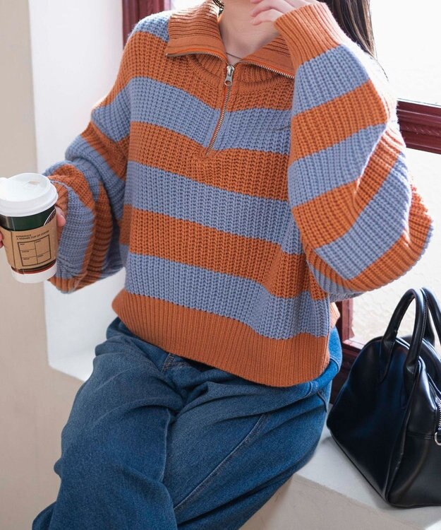 WEGO ハーフジップショートニットプルオーバー 柄1