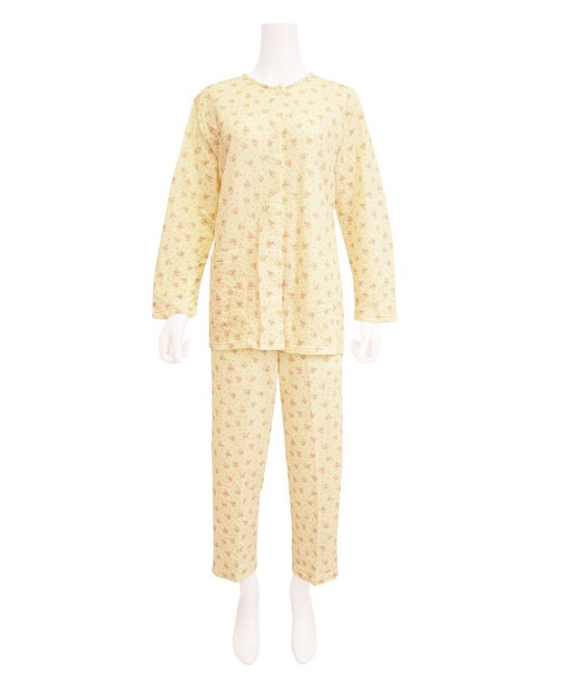 Wing 【数量限定　特別価格】 パジャマ 長袖 長ズボン 綿混(本体) キルトニット素材 保温性 あたたかい 前開きタイプ 丸首 小花柄 レディース EP6913 ウイング／ワコール クリーム