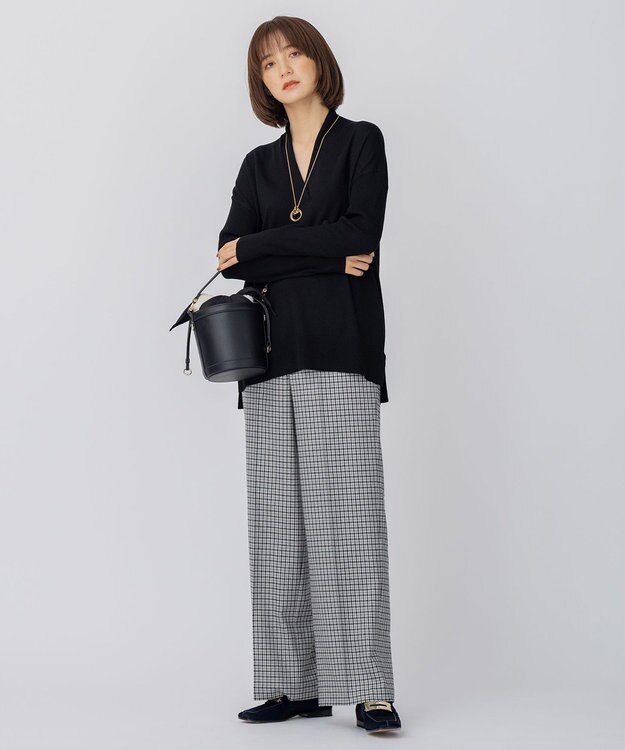 23区 L ウールミルドストレッチチェック ワイドパンツ モノトーンチェック