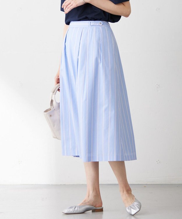 J.PRESS LADIES L 【洗える】 セルロース タイプライター ストライプ フレアー スカート サックスブルー系1