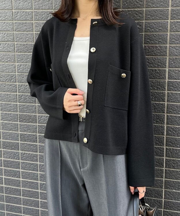 UNFILO 【洗える】金ボタン ニットジャケット ブラック