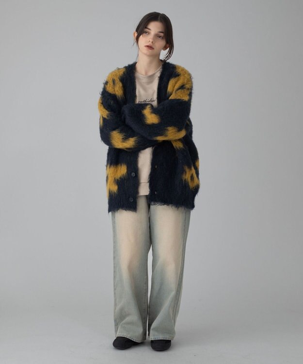 WEGO 【ユニセックス着用ITEM/MLサイズ展開】モヘアタッチパターンカーディガン ネイビー