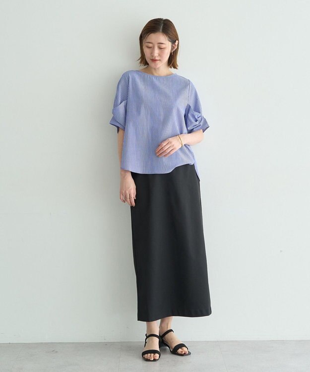 YECCA VECCA パールタックスリーブブラウス Stripe