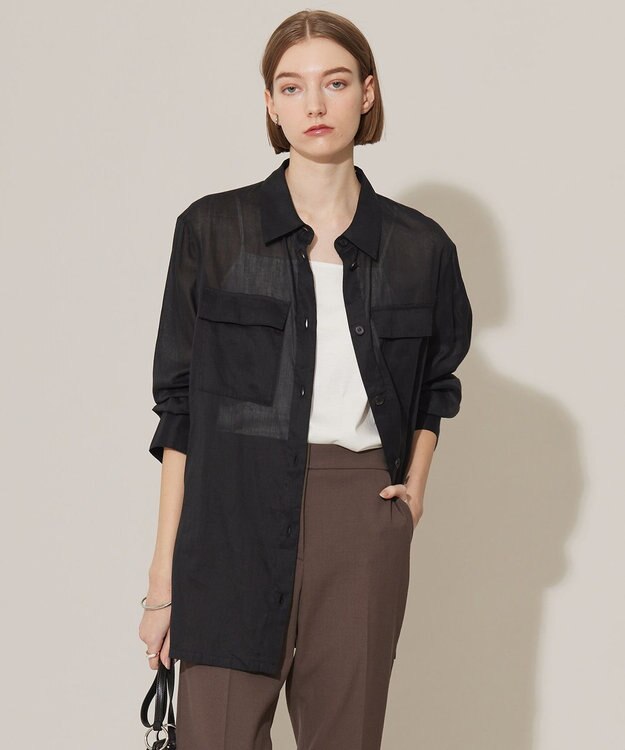 ICB 【洗える】ラミーコットンボイル シアーシャツ ブラック系