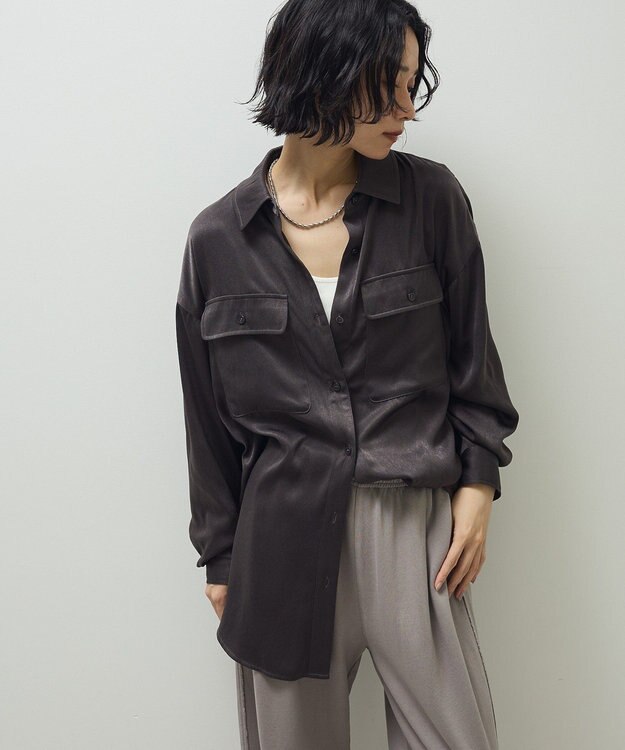 Green Parks ・ＳＵＧＡＲ　ＳＰＯＯＮ　サテンオーバーシャツ Charcoal Gray