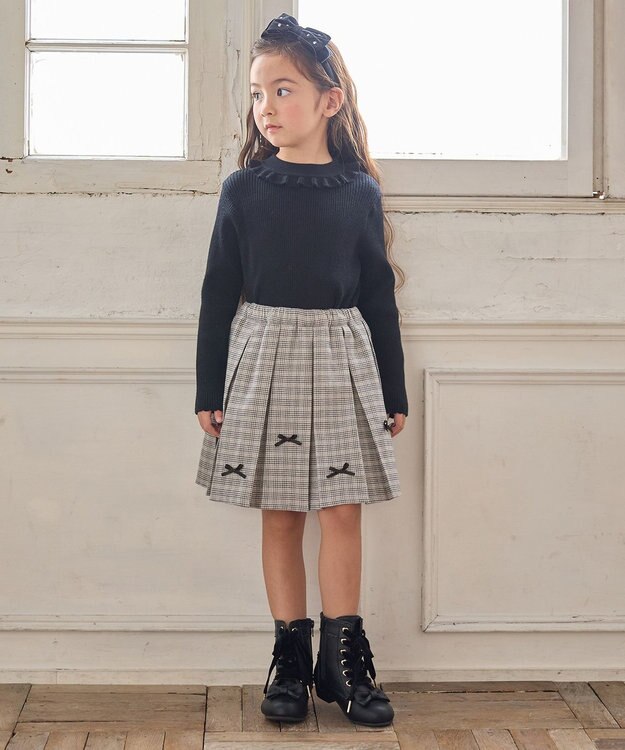 ANY KIDS リボン×チェック プリーツスカパン グレー×チェック