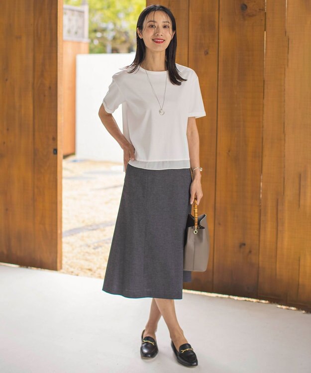 J.PRESS LADIES S 【洗える】麻ポリエステルストレッチ スカート ブラックシャンブレー系