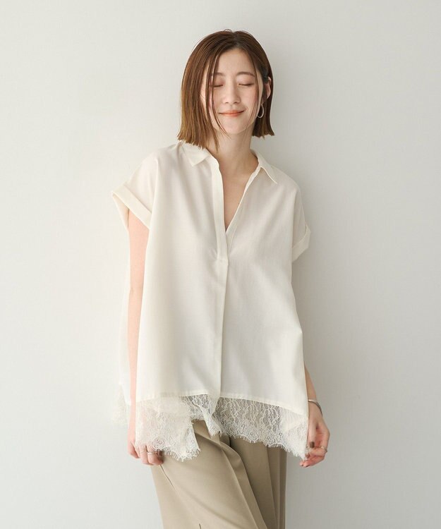 YECCA VECCA 裾レーススキッパーシャツ Off White