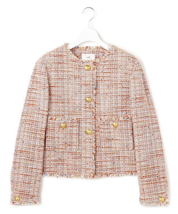 23区 L GIOLICAツイード ノーカラー ボタン ジャケット テラコッタミックス