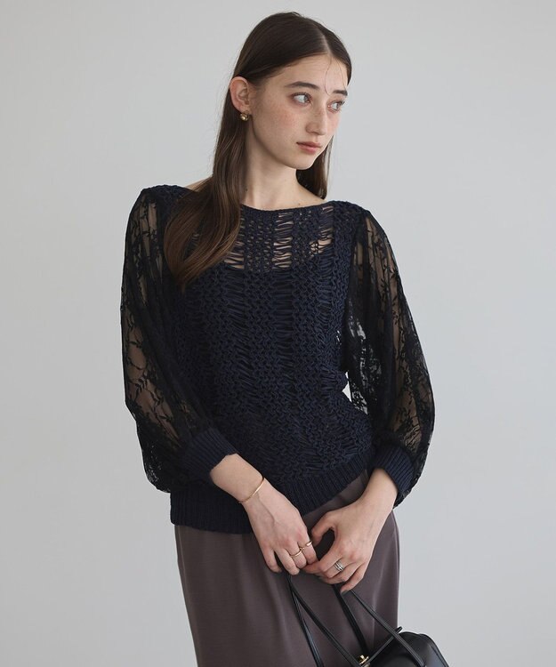 YECCA VECCA 【archive】テープヤーン袖レースプルオーバー Navy