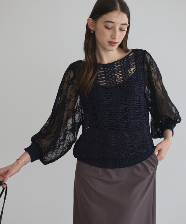 YECCA VECCA 【archive】テープヤーン袖レースプルオーバー Navy