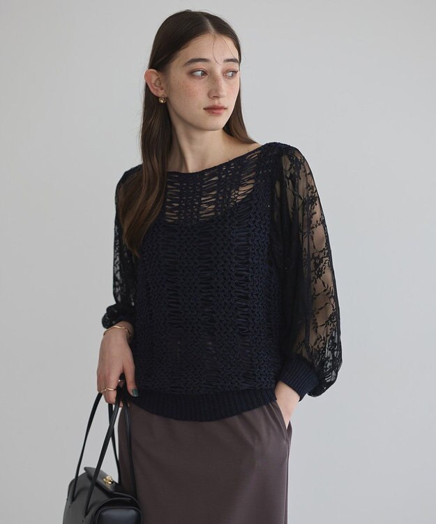 YECCA VECCA 【archive】テープヤーン袖レースプルオーバー Navy