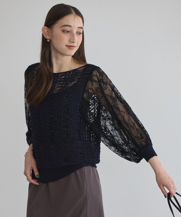 YECCA VECCA 【archive】テープヤーン袖レースプルオーバー Navy