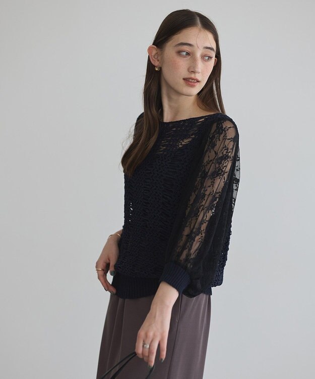 YECCA VECCA 【archive】テープヤーン袖レースプルオーバー Navy