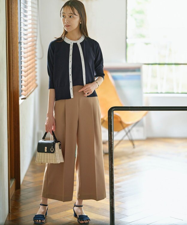 組曲 S 【洗える・6色展開】ポケット付き 半袖ニット ネイビー×オフ系