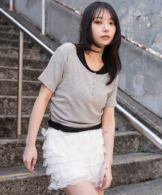 WEGO レイヤードキーネック半袖T 杢グレー