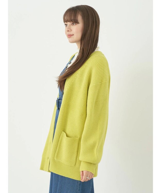 earth music&ecology アンチピリング畦Ｖネックカーディガン Lime Green
