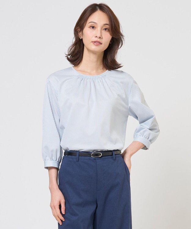 J.PRESS LADIES ストライプジャカード ラウンドネック カットソー アクアストライプ系