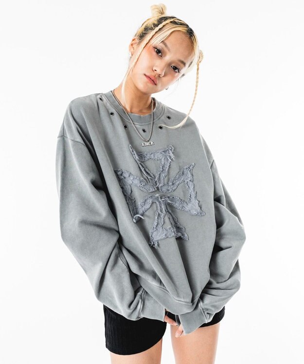 WEGO 【ユニセックス着用ITEM】ブリーチハトメロゴプルオーバー グレー