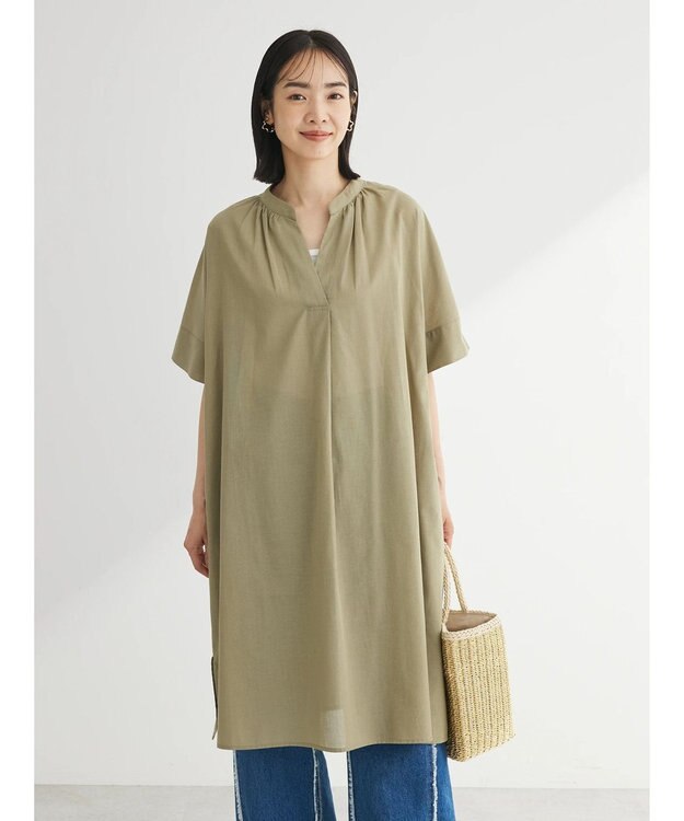 Green Parks 綿麻混スキッパーミニワンピース Khaki