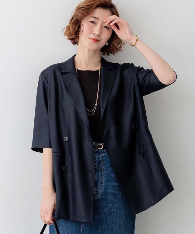 23区 【先行予約】リネンライクグロッシー ハーフスリーブ ダブル ジャケット ネイビー系