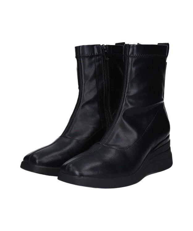 INTER-CHAUSSURES 【BUSSOLA】スクエアトゥウェッジヒールブーツ ブラック