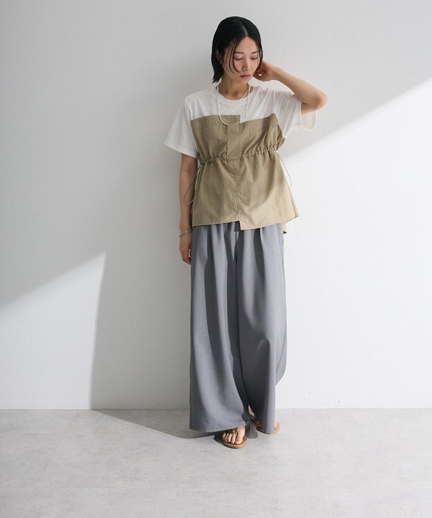 Green Parks 麻調ウエストギャザーフレアワイドパンツ Gray Mixture